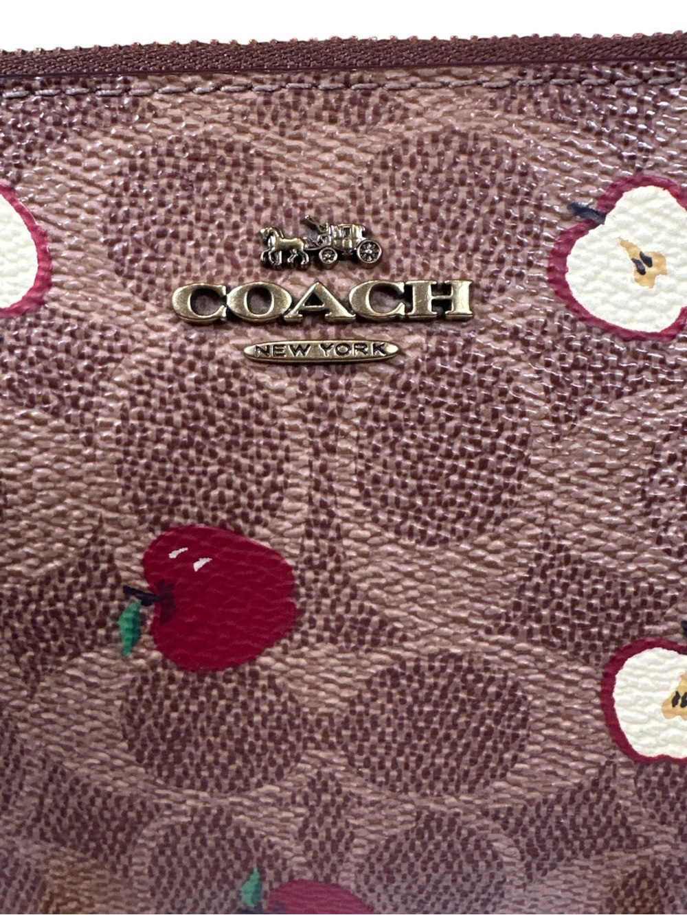 COACH Brown Signature Canvas Wristlet with Red & Cream Apple Print - Picture 7 of 11
